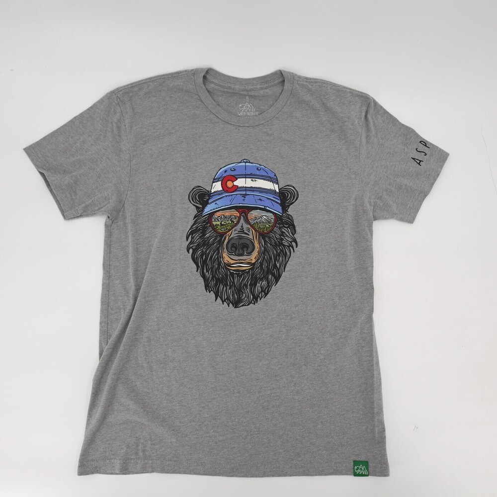 Wild Tribute T-Shirt Mens Medium Gray Graphic Bear Colorado Aspen Tee Wildlife